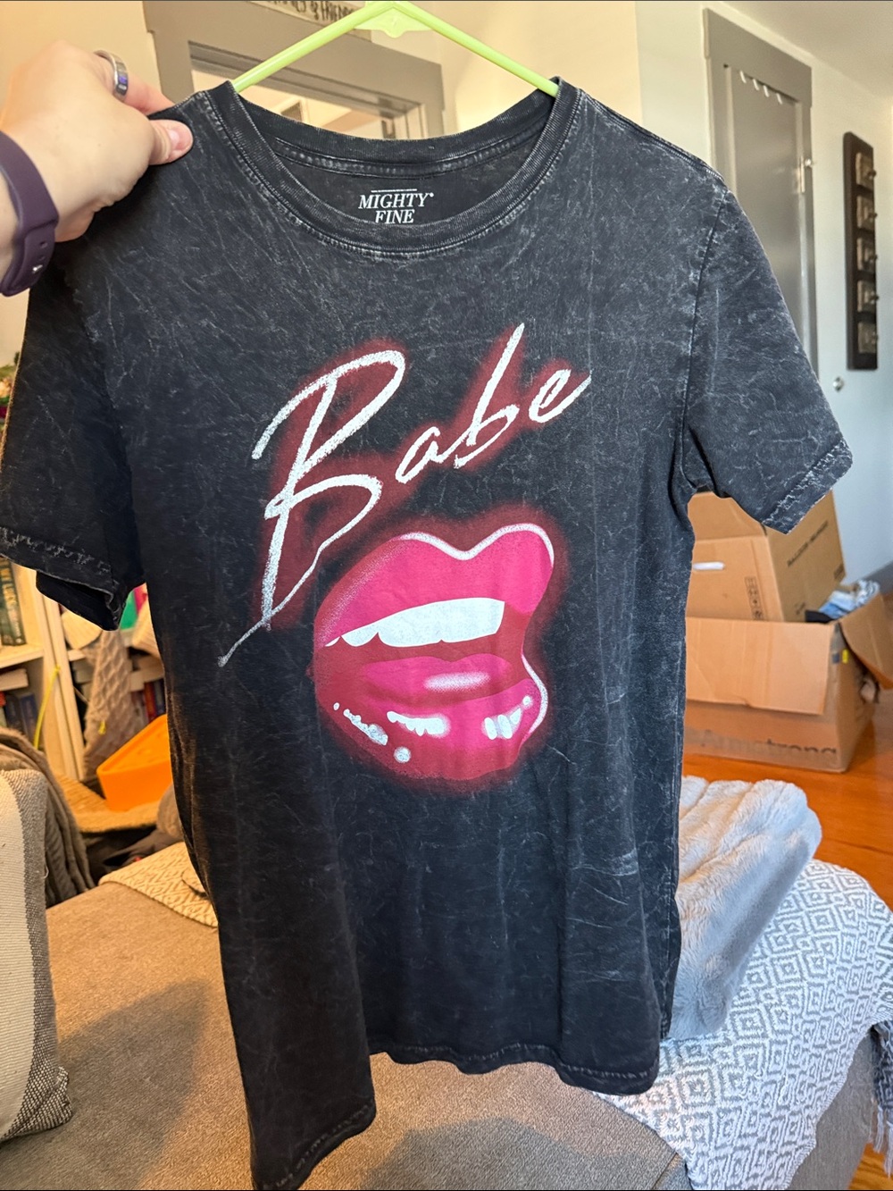 Mighty Fine Black Acid-Wash Tee with Pink Lip Graphic